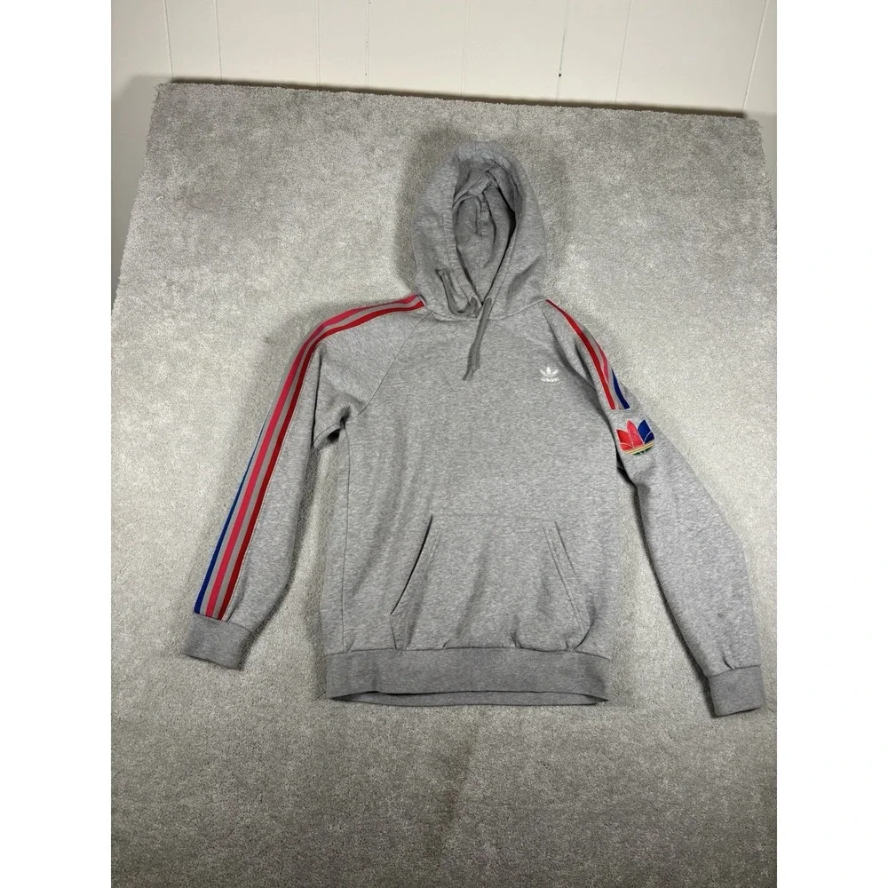 Adidas Originals retro Gray Red Men's 3D Trefoil 3-Stripe Colors Hoodie Mens S